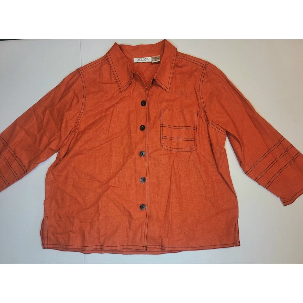 Selene Sport Linen Blend Button Up Orange Top Womens M Contrast Stitch| Relaxed - Picture 3 of 11